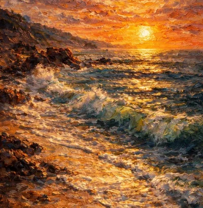 Coastal landscape with waves breaking on the shore at sunrise